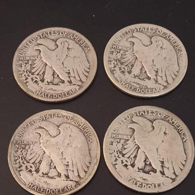 Set of 4 U. S. Mint Walking Liberty Silver Half Dollars Circulated (#5)