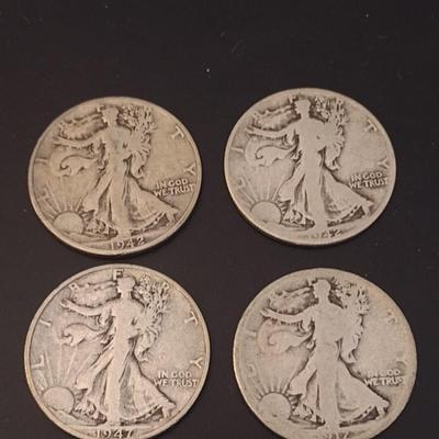 Set of 4 U. S. Mint Walking Liberty Silver Half Dollars Circulated (#5)