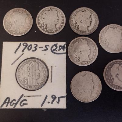 Set of 8 U. S. Mint Barber Silver Quarters Circulated (#6) Various Dates