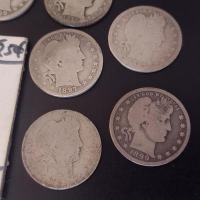 Set of 8 U. S. Mint Barber Silver Quarters Circulated (#6) Various Dates