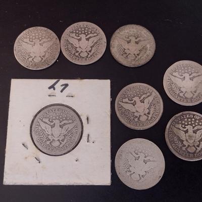 Set of 8 U. S. Mint Barber Silver Quarters Circulated (#6) Various Dates