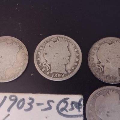 Set of 8 U. S. Mint Barber Silver Quarters Circulated (#6) Various Dates
