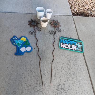 2 STAKEDS IRON AND GLASS SUNS, 3 SMALLER FLOWER POTS AND WALL HUNG SIGNS