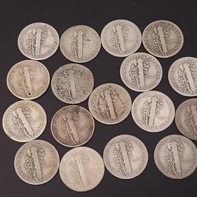 Set of 17 U. S. Mint Mercury Head Silver Dimes Circulated (#7) Various Dates