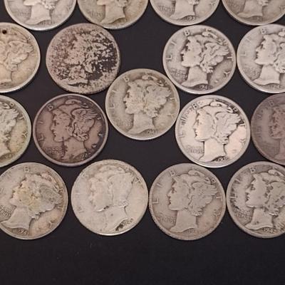Set of 17 U. S. Mint Mercury Head Silver Dimes Circulated (#7) Various Dates