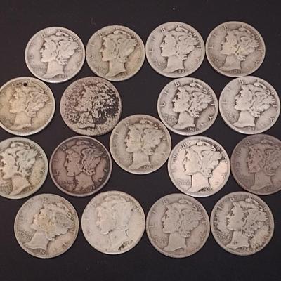 Set of 17 U. S. Mint Mercury Head Silver Dimes Circulated (#7) Various Dates