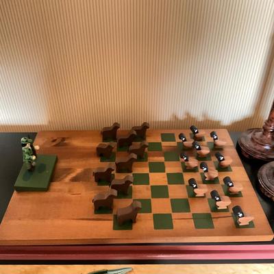 GH915 Folk Art Carved Hunter , Decoy, Retreiver Checkerboard Set
