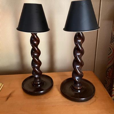 GH916 Pair of Barley Twist Wooden Candlesticks and Brass Candlestick Lamp