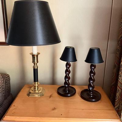 GH916 Pair of Barley Twist Wooden Candlesticks and Brass Candlestick Lamp