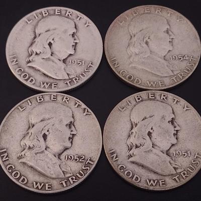 Set of Four U.S. Mint Franklin Silver Half Doller Circulated (#14) Various Dates