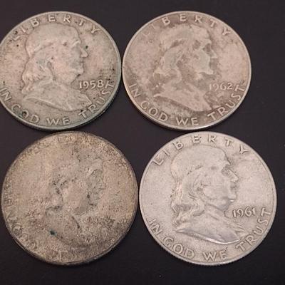 Set of Four U.S. Mint Franklin Silver Half Doller Circulated (#15) Various Dates