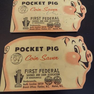Pair of Vintage Pocket Pig Coin Saver Booklet First Federal S&L Hendersonville, NC Full Silver Dimes Various Dates (#17)
