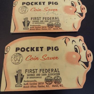 Pair of Vintage Pocket Pig Coin Saver Booklet First Federal S&L Hendersonville, NC Full Silver Dimes Various Dates (#17)
