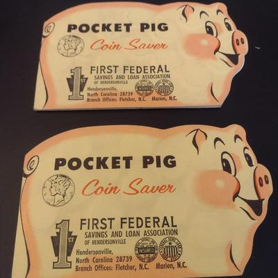 Pair of Vintage Pocket Pig Coin Saver Booklet First Federal S&L Hendersonville, NC Full Silver Dimes Various Dates (#18)