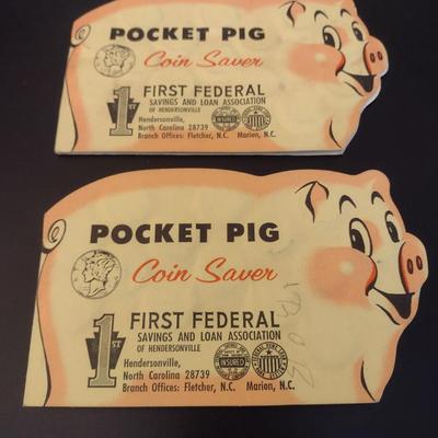Pair of Vintage Pocket Pig Coin Saver Booklet First Federal S&L Hendersonville, NC Full Silver Dimes Various Dates (#19)