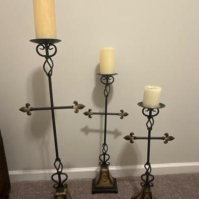 Set of Three Fleur Metal Standing Candle Holders