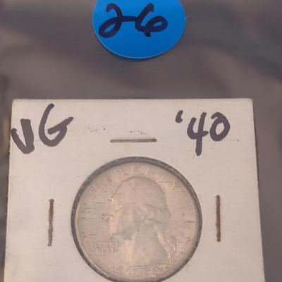 1940 U.S. Mint George Washington Silver Quarter Circulated VG (#26)