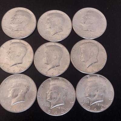 Set of 9 U.S. Mint Kennedy Silver Half Dollar Circulated (#32) 1964