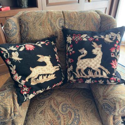 FR938 Pair of Vintage Kathie Diddle Needlepoint Pillow