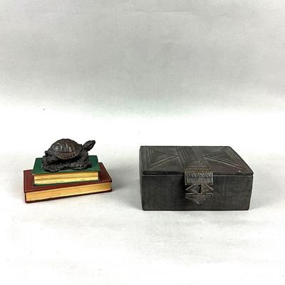 D945 After A. Giannelli Bronze Turtle Sculpture on Books with Leather Box