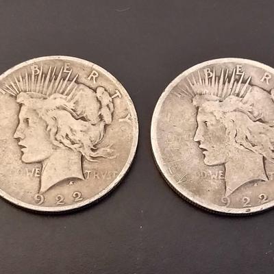 Pair of 1922 U.S. Mint Peace Silver Dollar Circulated (#67)