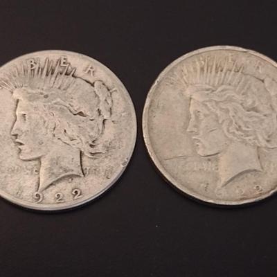 Pair of 1922 U.S. Mint Peace Silver Dollar Circulated (#68)
