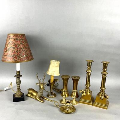 D947 Large Decorative Brass Lamps and Candlestick Lot