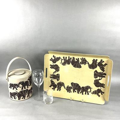 K952 Mid Century Modern Elephant Tray with Icebucket and Two Etched Glasses