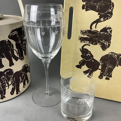 K952 Mid Century Modern Elephant Tray with Icebucket and Two Etched Glasses