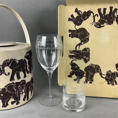 K952 Mid Century Modern Elephant Tray with Icebucket and Two Etched Glasses