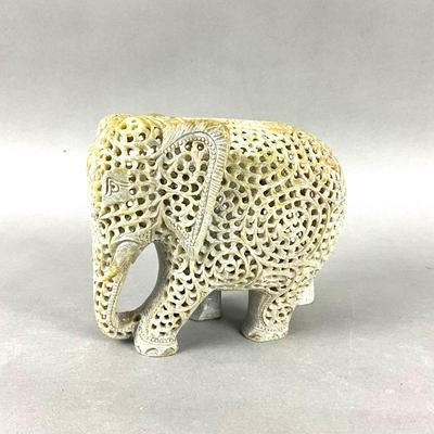 D953 Vintage Stone Carved Elephant with Carving Inside