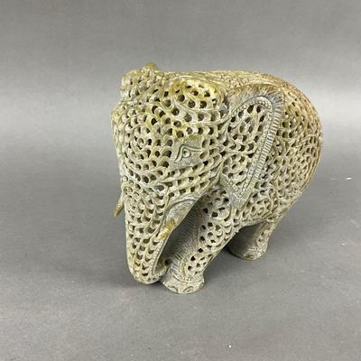 D953 Vintage Stone Carved Elephant with Carving Inside