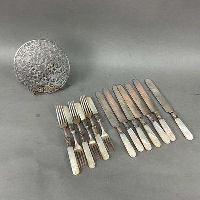 K970 Set of Antique Pearl Handled Forks and Dinner Knives, with Trivet