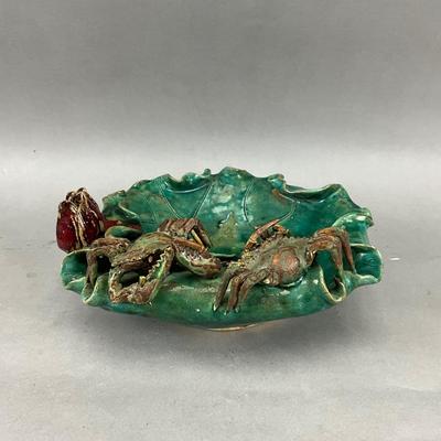 K991 Vintage Green Majolica Pottery Crab Bowl