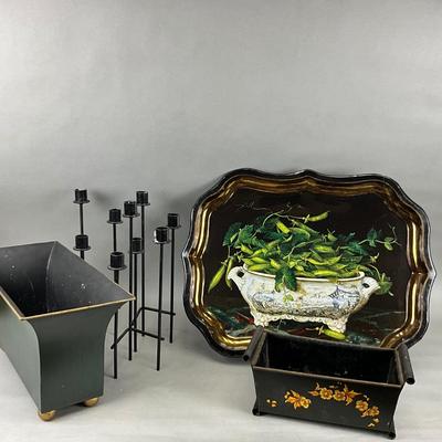D993 Lot of Metal Candlesticks w/Tray and Footed Planters