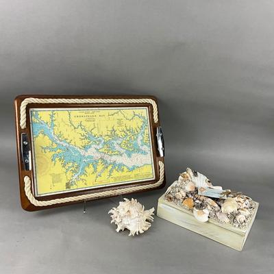 D1015 Chesapeake Map Tray with Rope Edge and Shell Decorative Box