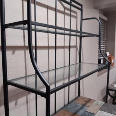 IRON BAKER'S RACK WITH TILED AND GLASS SHELVES PLUS WINE RACK