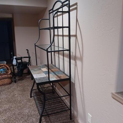 IRON BAKER'S RACK WITH TILED AND GLASS SHELVES PLUS WINE RACK