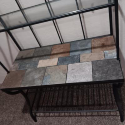 IRON BAKER'S RACK WITH TILED AND GLASS SHELVES PLUS WINE RACK