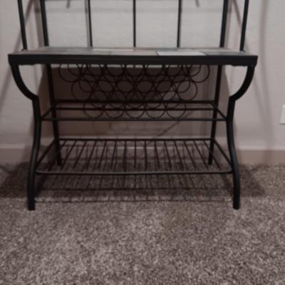 IRON BAKER'S RACK WITH TILED AND GLASS SHELVES PLUS WINE RACK