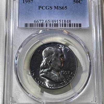 PCGS CERTIFIED 1957-P MS65 SUPERB TONED FRANKLIN SILVER HALF DOLLAR AS PICTURED.