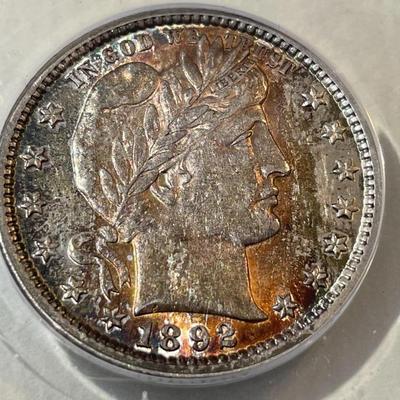 1892 AU58/UNCIRCULATED GORGEOUS TONED FIRST YEAR TYPE BARBER SILVER QUARTER AS PICTURED.