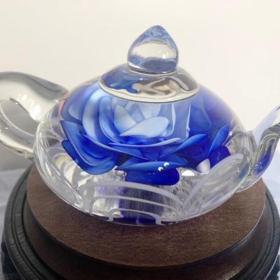 Beautiful Blown Glass With Flower Teapot Paperweight