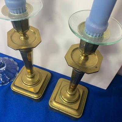 PAIR of Both Glass & Brass Candle Sticks w/ Candles