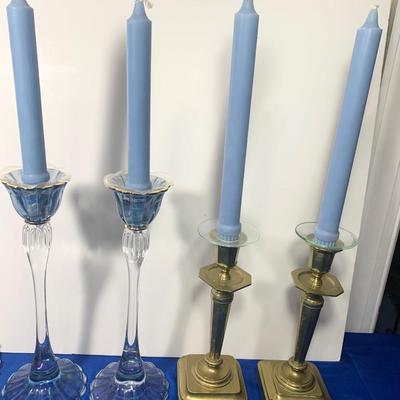 PAIR of Both Glass & Brass Candle Sticks w/ Candles