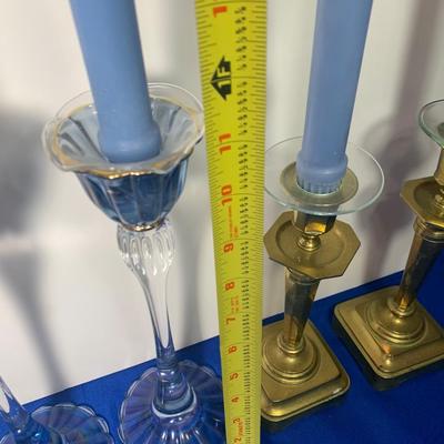 PAIR of Both Glass & Brass Candle Sticks w/ Candles