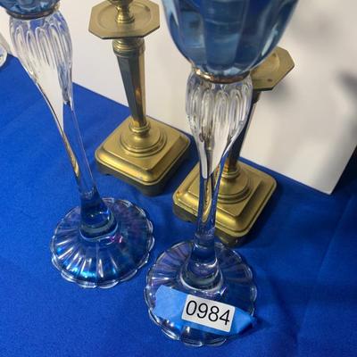 PAIR of Both Glass & Brass Candle Sticks w/ Candles