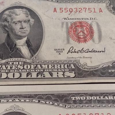 Set of Five Red Seal $2 Paper Currency Various Series and Years