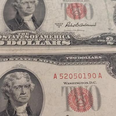 Set of Five Red Seal $2 Paper Currency Various Series and Years