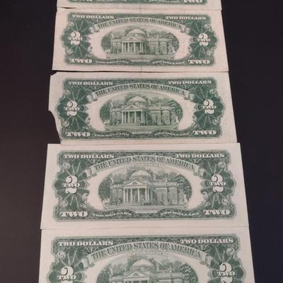 Set of Five Red Seal $2 Paper Currency Various Series and Years